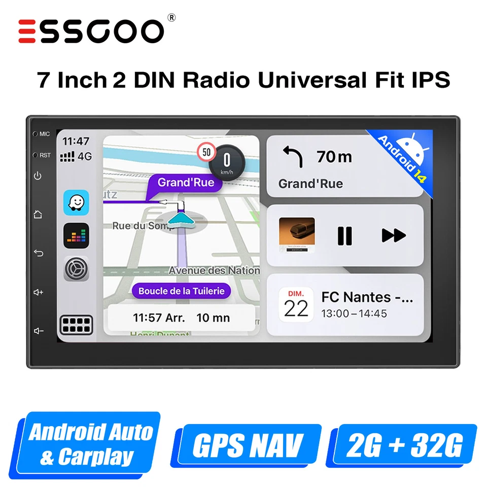 ESSGOO 7" Android 14 Carplay Radio Car Stereo 2+32G GPS NAV Double 2 DIN Radio WIFI USB