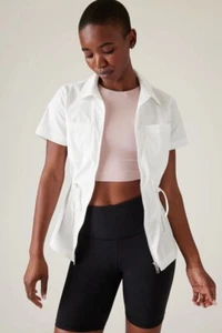 Athleta White Short Sleeve Performance Poplin Cinch Shirt size Small. RRP £110 - Picture 1 of 3