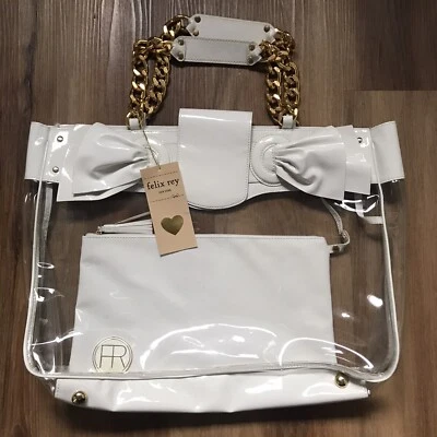 "Bolso de Mano Felix Rey Transparente con Arco Blanco Vinilo con Bolso sin Mano a Presión 18x13x3"" Nuevo con Etiquetas" Foto 1 de 4