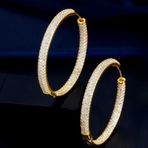18k Gold Filled Big Hoop Earrings made w Swarovski Crystal Stone Gorgeous - Picture 1 of 11
