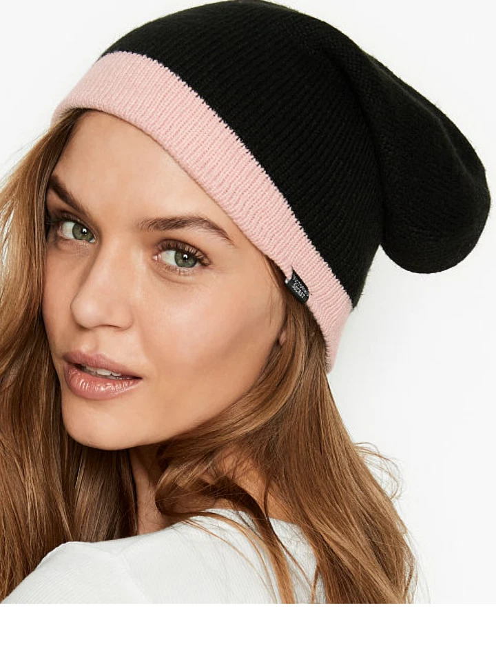 Victoria's Secret Reversible Winter Knit Hat Beanie in Black & Pink 2020