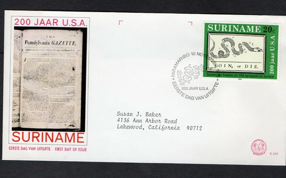SURINAM 1976 FDC AMERICAN BICENTENNIAL FRANKLIN'S DIVIDED SNAKE POSTER  - Image 1 of 1