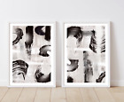 Abstract Art Print Brushstrokes Beige Cream Black Swirl Classy Elegant Art Set o