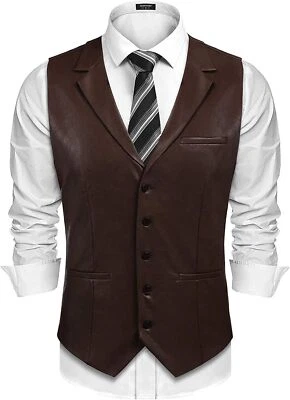 Men Lambskin Leather Waistcoat Western Vest Coat Classic Brown Button - Image 1 of 4