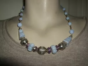 COLLANA CALCEDONIO AMETISTA GIOIELLO GIROCOLLO NECKLACE STERLING ARGENTO 925 - Foto 1 di 10