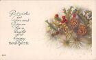 Holly & Pine Cones On Old Art Deco New Year Motto Postcard - No. 517 A