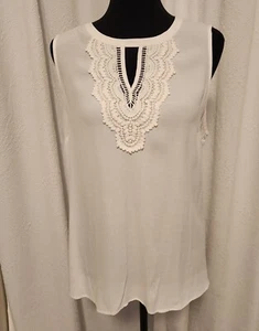 Pale Sky L Cream Sleeveless Lace Trim Tunic Top - Picture 1 of 7