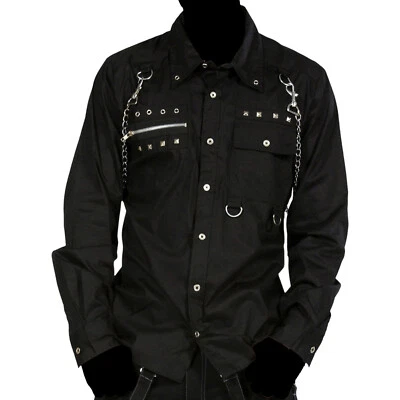 Men Gothic Studded Long Sleeves Shirt Zipper Chains Punk Officers Black Shirt - Imagem 1 de 3