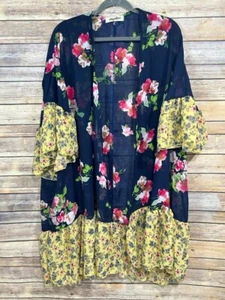 NEW Boho Floral Kimono Cardigan Open Front Ruffle Bell Sleeve Light Layer Size S - Picture 1 of 9
