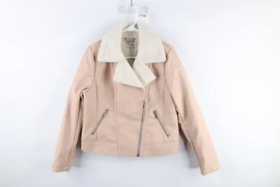 Charlotte Russe 女式 M 深绒羊毛衬里人造皮革摩托夹克粉色 — 第 1/4 张图片