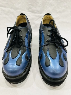 Sha Sha 90s Y2K Men’s Black Leather Tribal Blue Flame Chunky Rare VTG Shoes 10.5 - Image 1 of 4