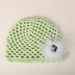 Women Ethnic Style Hand-Knitted Beanie Hat with Faux Feather Net Cap - Picture 1 of 8