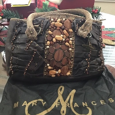 Bolso de mano vintage tonos de marrón MARY FRANCES cuero y cuentas de madera Foto 1 de 4