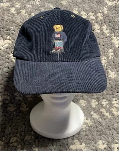 Vintage 90s Polo Ralph Lauren Corduroy American Flag Bear Strapback Hat Navy - Picture 1 of 10