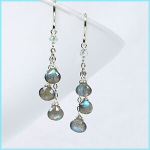 Precious Labradorite Aquamarine Gemstone Chain Dangle Drop Silver Earrings New