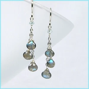 Precious Labradorite Aquamarine Gemstone Chain Dangle Drop Silver Earrings New - Picture 1 of 3