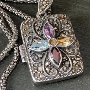 Sterling Silver Scent Picture Locket Necklace Amethyst Marcasite 26" Estate - Picture 1 of 9