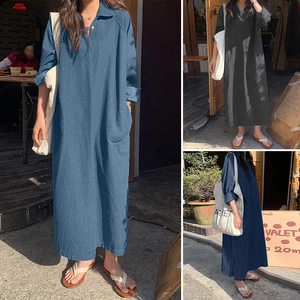 ZANZEA Womens Long Sleeve Collared Casual Loose Maxi Dress Kaftan Baggy Dresses