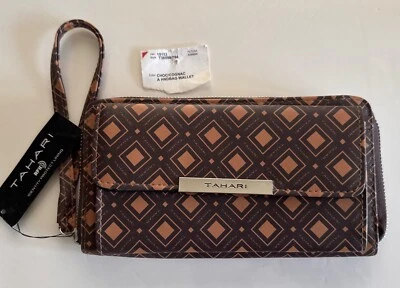 TAHARI бумажник органайзер rfid кошелек с ремешком шоколад коньяк молнии вокруг новый с Ярлыками - Изображение 1 из 4