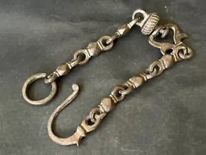 ANCIENT HAND FORGED MUGHAL PERIOD BRASS LAMP/LANTERN BELL HANGING CHAIN & HOOK - Picture 1 of 16