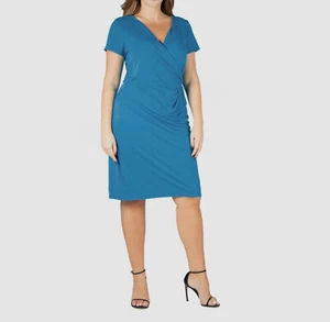 24seven Comfort Apparel Women's Blue Short Sleeve V-Neck Dress Plus Size 3X - Picture 1 of 4