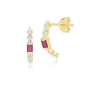 Classic Baguette Ruby & Diamond Half Eternity Hoop Earrings in 9ct Yellow Gold - Picture 1 of 5