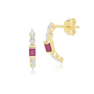 Classic Baguette Ruby & Diamond Half Eternity Hoop Earrings in 9ct Yellow Gold - Image 1 of 4