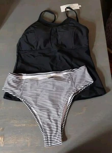 Traje de baño para mujer Beach Sissi 2 piezas Tankini pequeño superior inferior rayas negras nuevo con etiquetas - Imagen 1 de 7