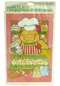 Postales de felicitación navideñas vintage 1983 de Marcel & Co cerdo cerdito panadero chef - Imagen 1 de 2