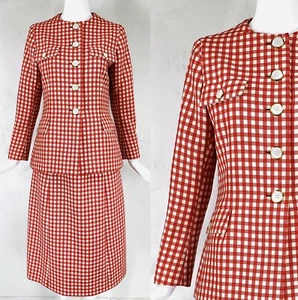 Met Museum Archive 1972 NORMAN NORELL rot creme Gingham Rock Jacke Anzug M  - Bild 1 von 12