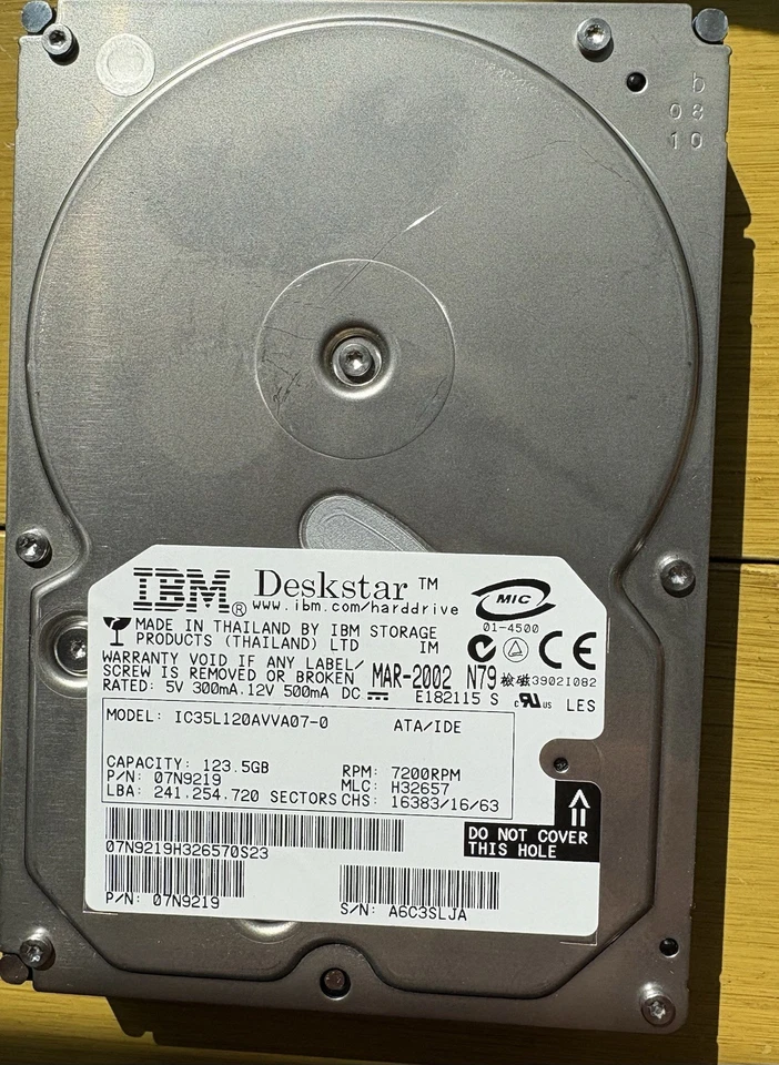 123.5 GB IDE IBM Deskstar IC35L120AVVA07-0 PRM 7200rpm 2MB 3.5" - Image 1 of 3