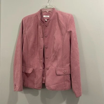 Blazer Abrigo Vestido Granero Gamuza Rosa Pastel con Costuras Negras Oficina Abotonada Foto 1 de 4