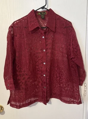 Blusa Top Mirasol Ver a Través Roja Con Botones Encaje Manga 3/4 Talla XL Foto 1 de 4
