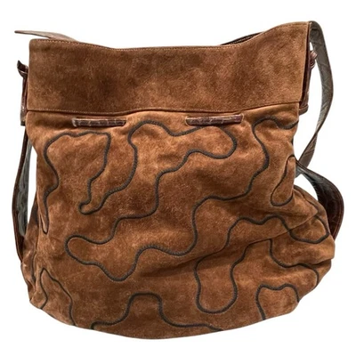 Sharif Suede Purse Drawstring Bucket Bag Vtg Corded Swirl Design Moc Croc Handle - Image 1 of 4