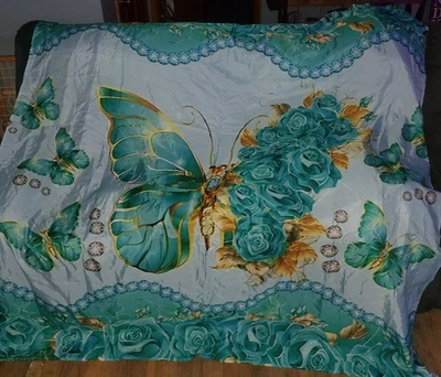 Cortina de Ducha Sedosa con Diseño Mariposa-Rosas. Verde azulado, azul, dorado, 70 Inc Foto 1 de 4