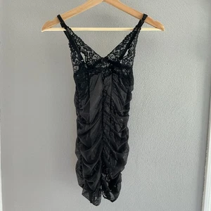 Vintage Shirley of Hollywood Black Lace Sheer Ruched Lingerie Mini Dress Small - Picture 1 of 13