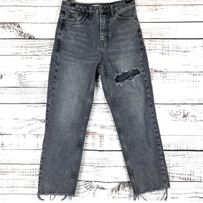 Topshop Straight Leg Distressed faded black Wash Denim ripped cropped Jeans - Image 1 of 4