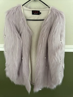 Abrigo de piel sintética para mujer talla M rosa claro frente abierto chaqueta mullido imitación perlas Foto 1 de 4