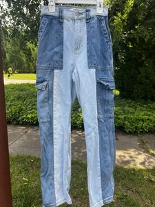 Pac Sun Damen High Rise Cargo Denim Jeans Gr. 23 2-Tone Taschen Straight - Bild 1 von 5