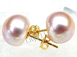 Real Natural Purple Akoya Freshwater Pearl Stud Earrings 5-11mm 14K Yellow Gold - Picture 1 of 12