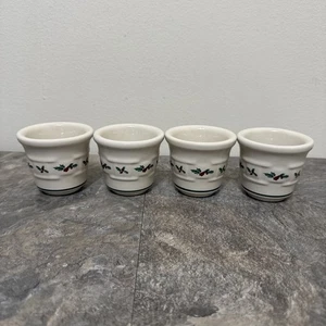 4 LONGABERGER Traditional Holly Pottery 2.5” tall Votive Cups Christmas USA EUC - Picture 1 of 4