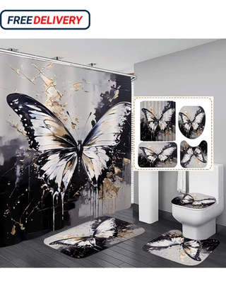 Juego de 4 Cortinas de Ducha Mariposa Negra con Alfombras Juego de Baño Gris y Dorado Mo Foto 1 de 4