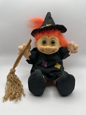 Vintage Russ Berrie Troll Doll Stuffed Body Witch Halloween Broom 90s Plush - Image 1 of 4