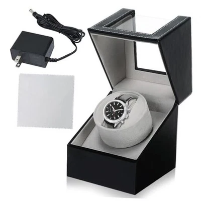  Caja enrolladora de reloj automática individual, caja de cuerda de reloj de cuero negro para hombre  Foto 1 de 4