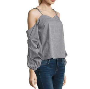 Belle Sky Black and White Gingham Sweetheart Neck Cold Shoulder Blouse Women’s S - Picture 1 of 12