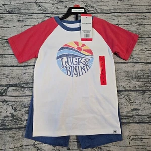 NWT Lucky Brand Kid Boys 2pc Shirt Short Set White/Blue Size 6 - Picture 1 of 10