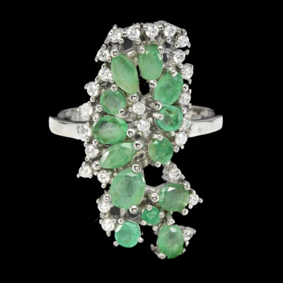 925 Anello Argento Sterling Ovale Smeraldo Naturale Gemma Gioielli - Immagine 1 di 4