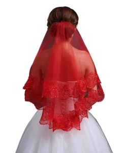 Classic Red Bridal Headcloth Wedding Veil Simple Long Lace Veil Translucent H... - Picture 1 of 4