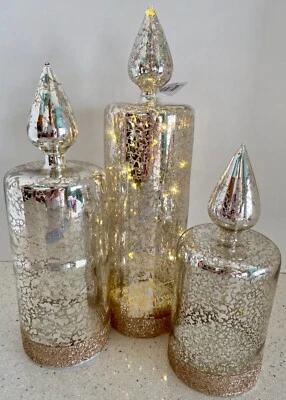 Juego de 3 velas LED de vidrio plateado sin llama decoración de mesa cadena luces 8" 10" 12" nuevo Foto 1 de 4