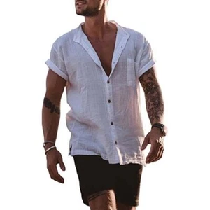 Mens Linen Shirt Short Sleeve Summer Shirts Casual Button Down Men Beach T-shirt - Picture 1 of 14